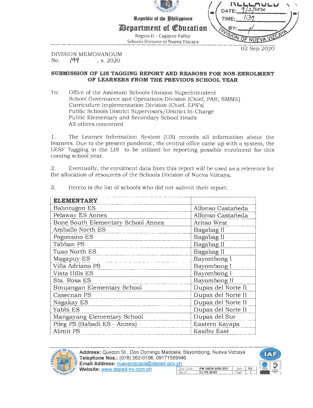 ~Epartment of Qebucation Region Li- Cagayan Valley Schools Division of Nueva Vizcaya 02 Sep 2020 DIVISION MEMORANDUM No