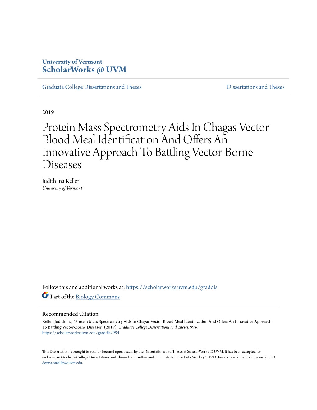 Protein Mass Spectrometry Aids in Chagas Vector Blood Meal Identification and Offers an Innovative Approach to Battling Vector-B