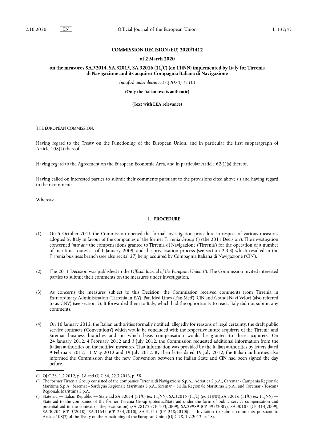 (EU) 2020/1412 of 2 March 2020 on the Measures SA.32014, SA.32015