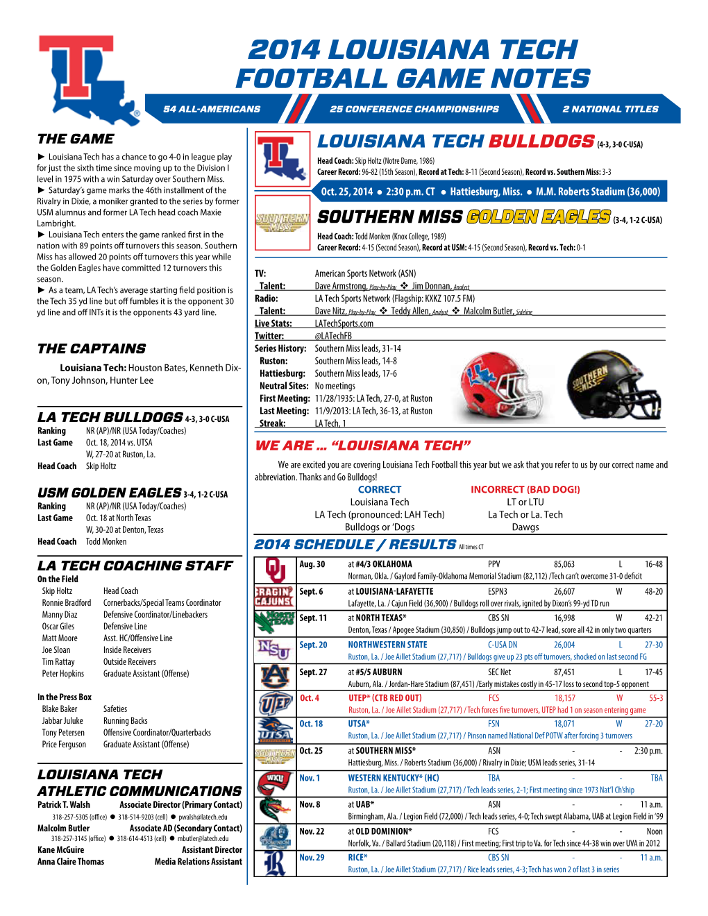 2014 Louisiana Tech Football Game Notes 54 All-Americans 25 Conference Championships 2 National Titles