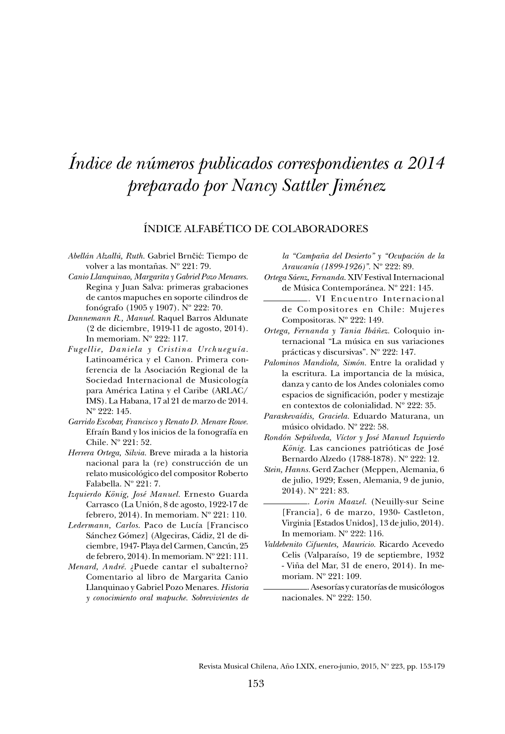 Índice De Números Publicados Correspondientes a 2014 Preparado Por Nancy Sattler Jiménez