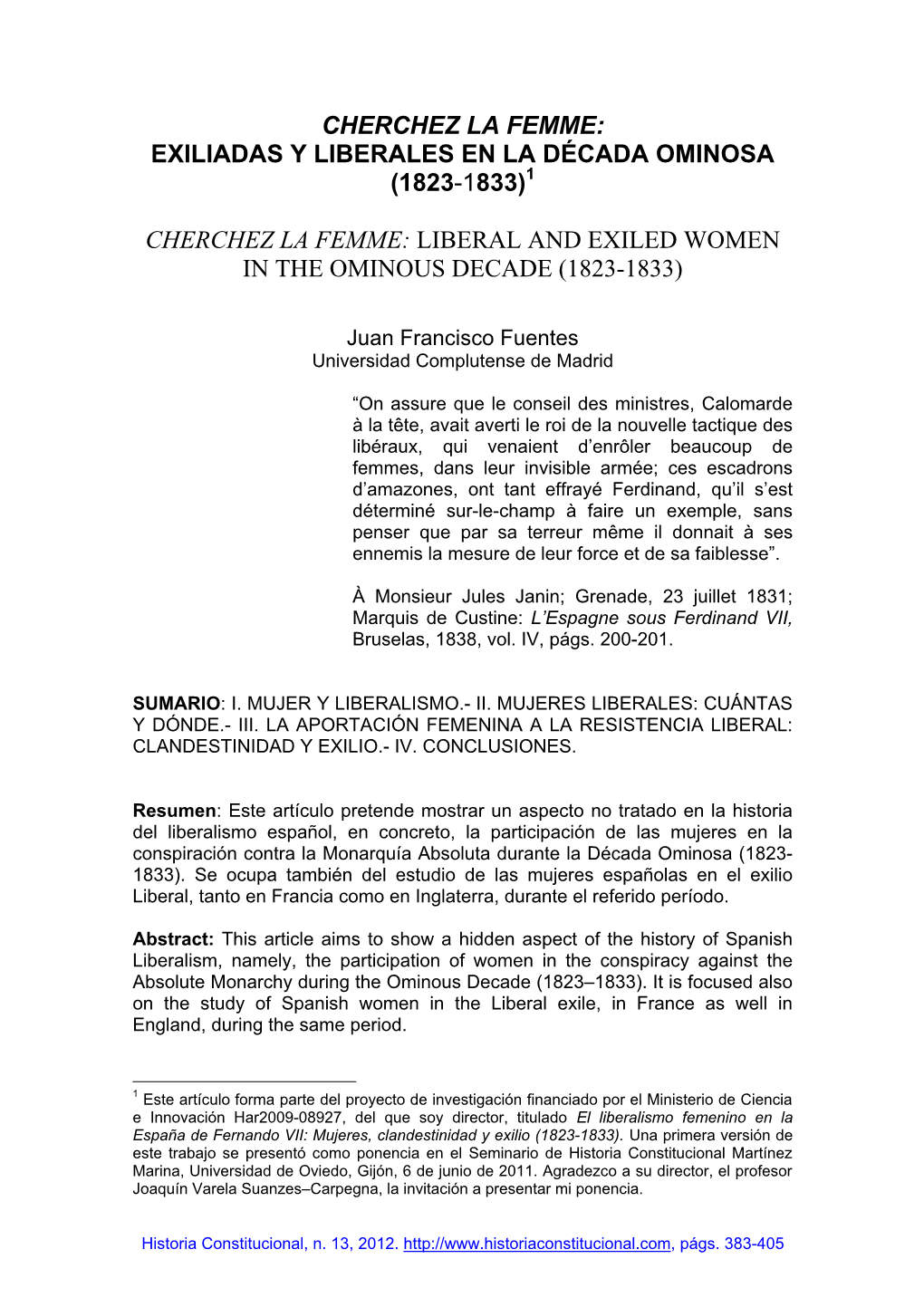 "Cherchez La Femme": Exiliadas Y Liberales En La Década Ominosa
