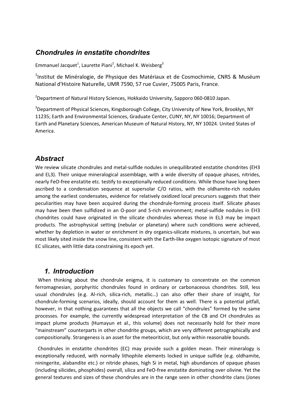 Chondrules in Enstatite Chondrites Abstract 1. Introduction