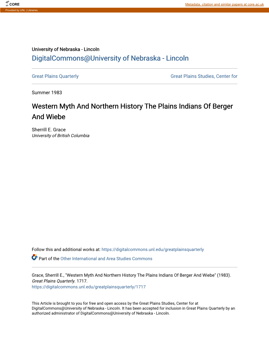 Western Myth and Northern History the Plains Indians of Berger and Wiebe