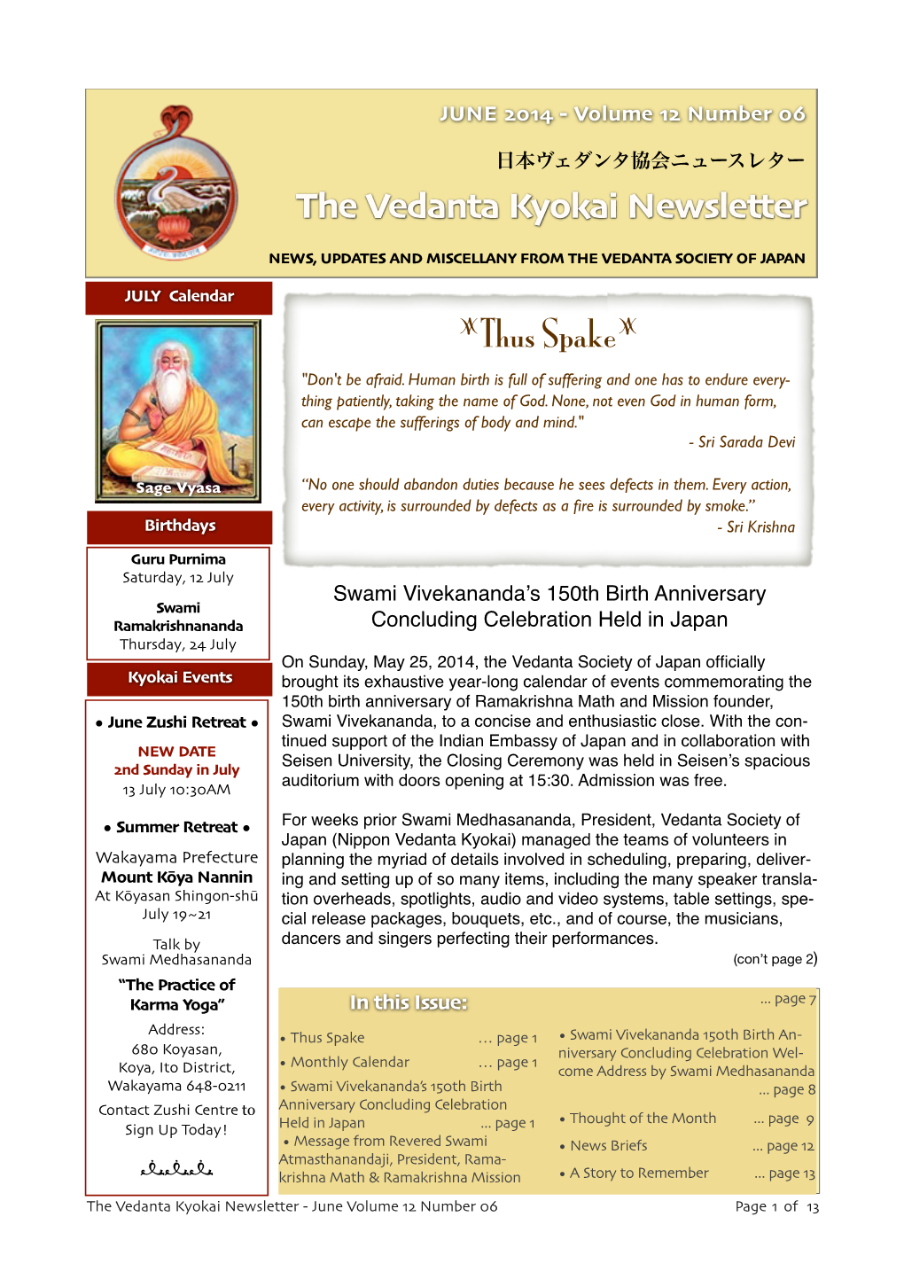 The Vedanta Kyokai Newsletter Zthus Spakez