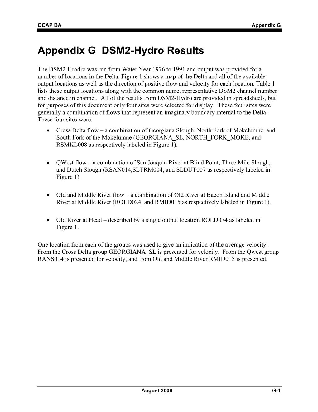 Appendix G DSM2-Hydro Results