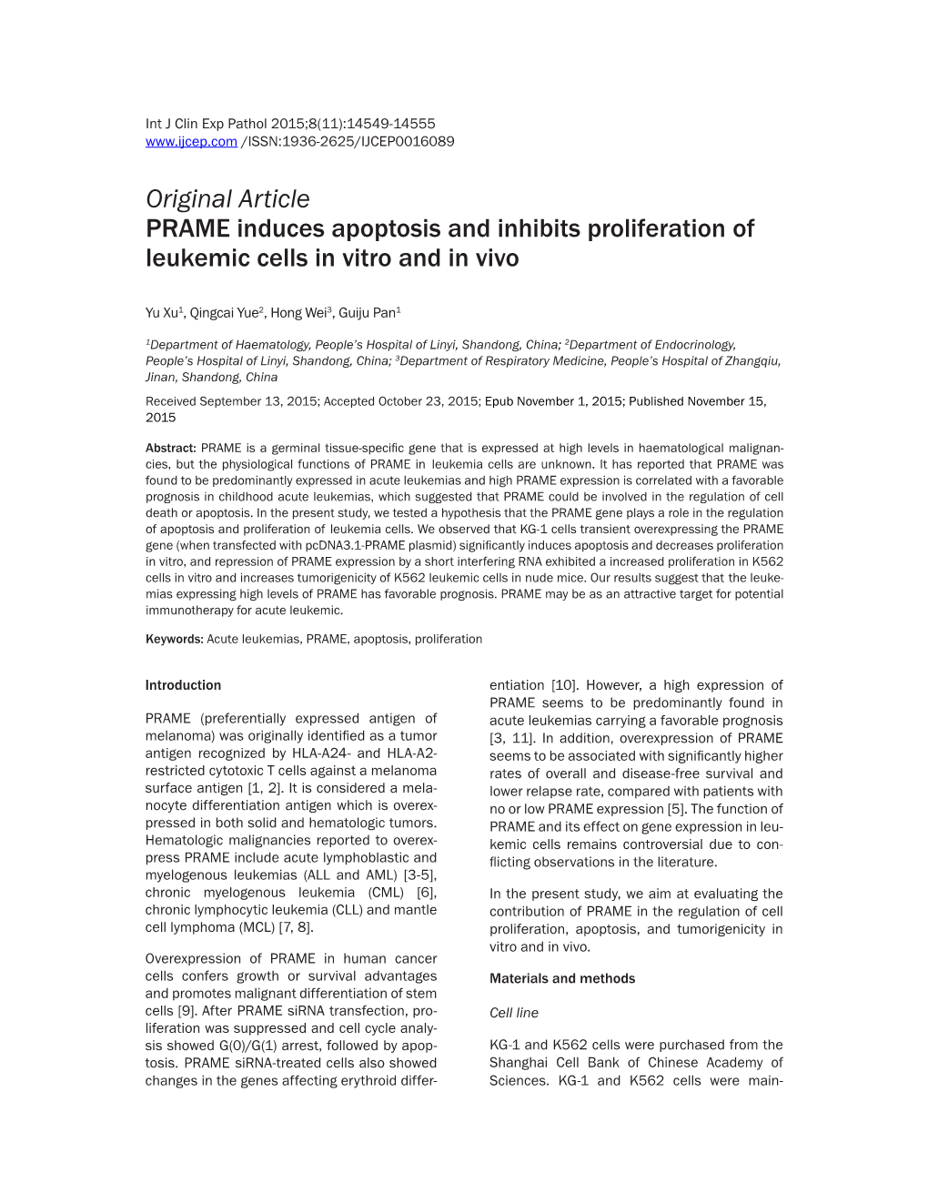 Original Article PRAME Induces Apoptosis and Inhibits Proliferation of Leukemic Cells in Vitro and in Vivo