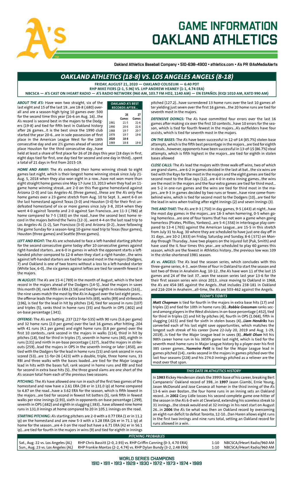 08-21-2020 A's Game Notes