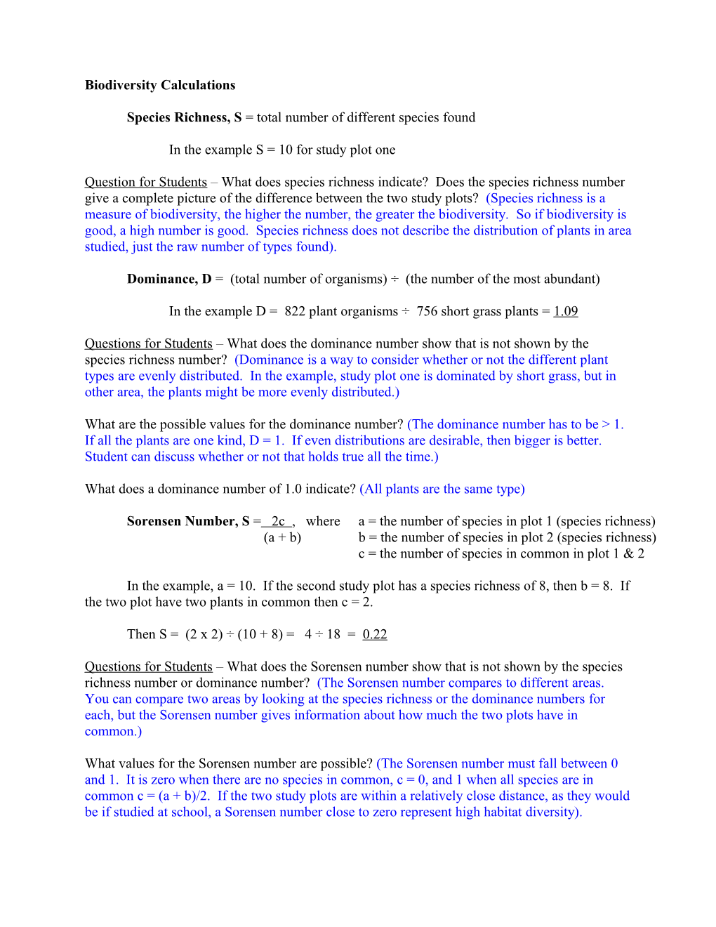 Biodiversity Calculations