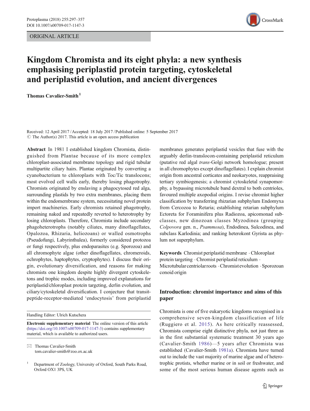 Kingdom Chromista and Its Eight Phyla: a New Synthesis Emphasising Periplastid Protein Targeting, Cytoskeletal and Periplastid Evolution, and Ancient Divergences