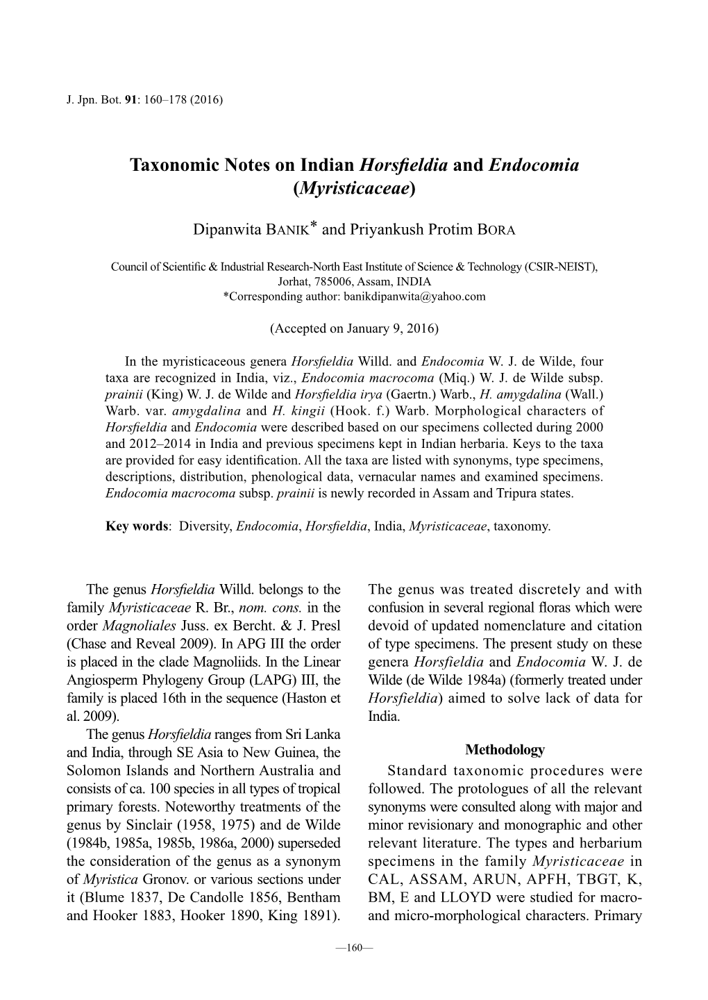 Taxonomic Notes on Indian Horsfieldia and Endocomia (Myristicaceae)