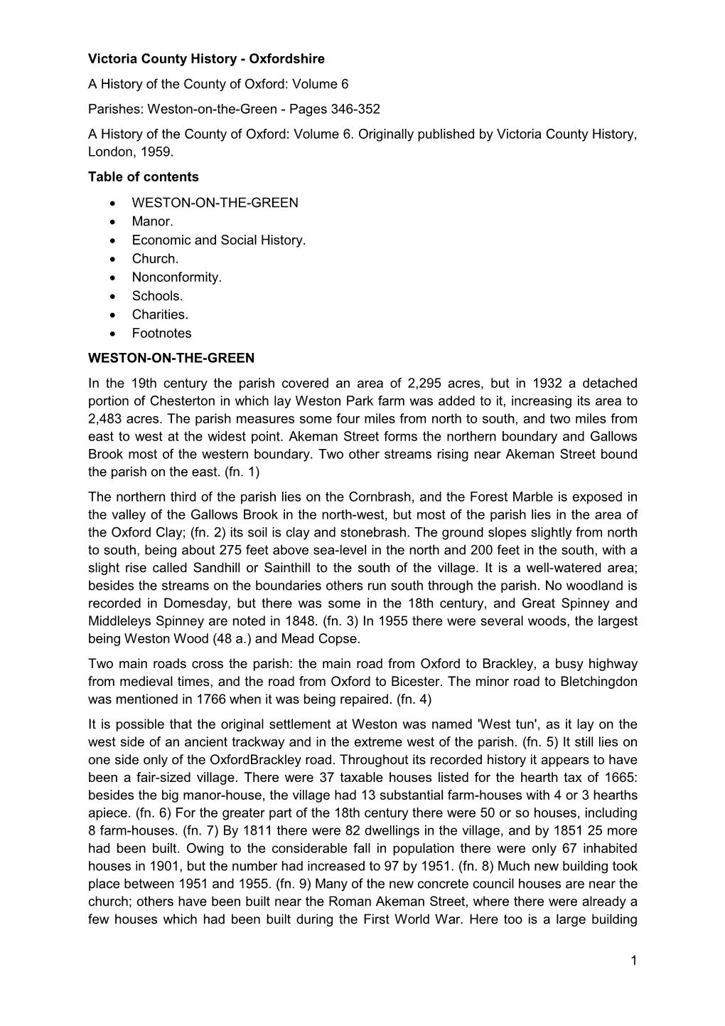 Oxfordshire a History of the County of Oxford: Volume 6 Parishes: Weston-On-The-Green - Pages 346-352 a History of the County of Oxford: Volume 6