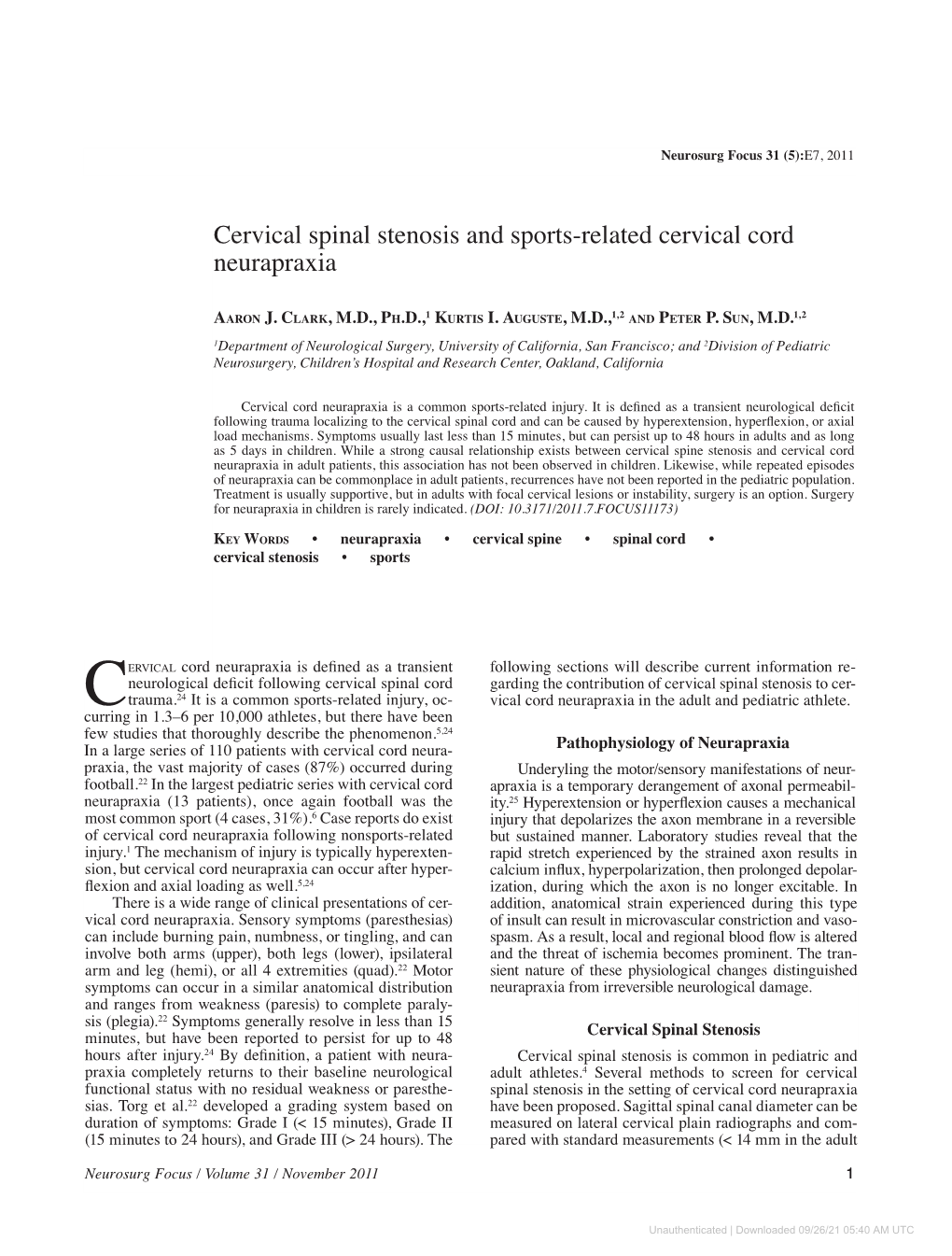 Cervical Spinal Stenosis and Sports-Related Cervical Cord Neurapraxia