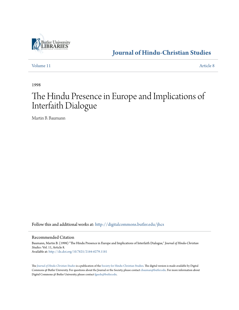 The Hindu Presence in Europe and Implications of Interfaith Dialogue