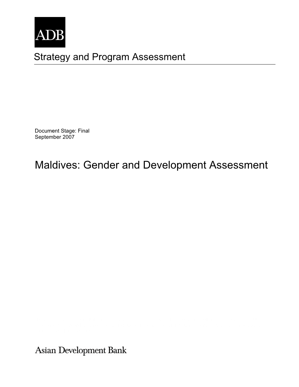 Maldives: Gender and Development Assessment