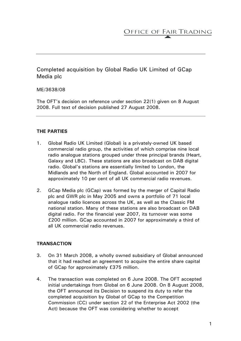 Completed Acquisition by Global Radio UK Limited of Gcap Media Plc