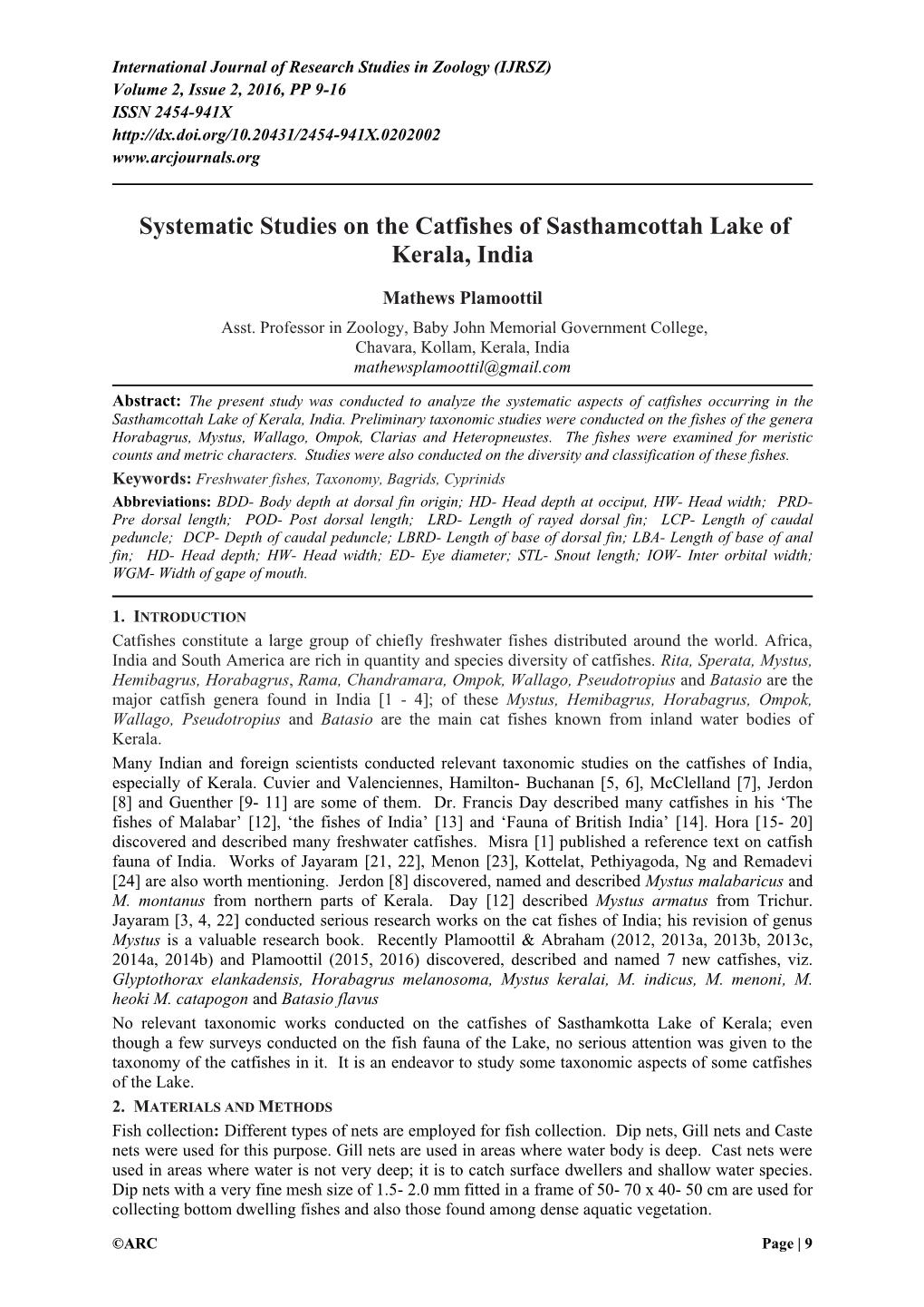 Systematic Studies on the Catfishes of Sasthamcottah Lake of Kerala, India