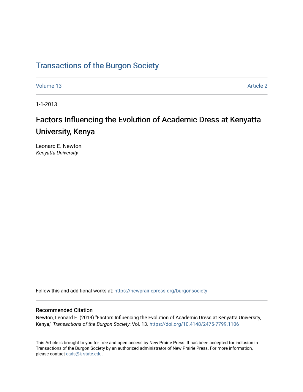 Factors Influencing the Evolution of Academic Dress at Kenyatta University, Kenya by Leonard E