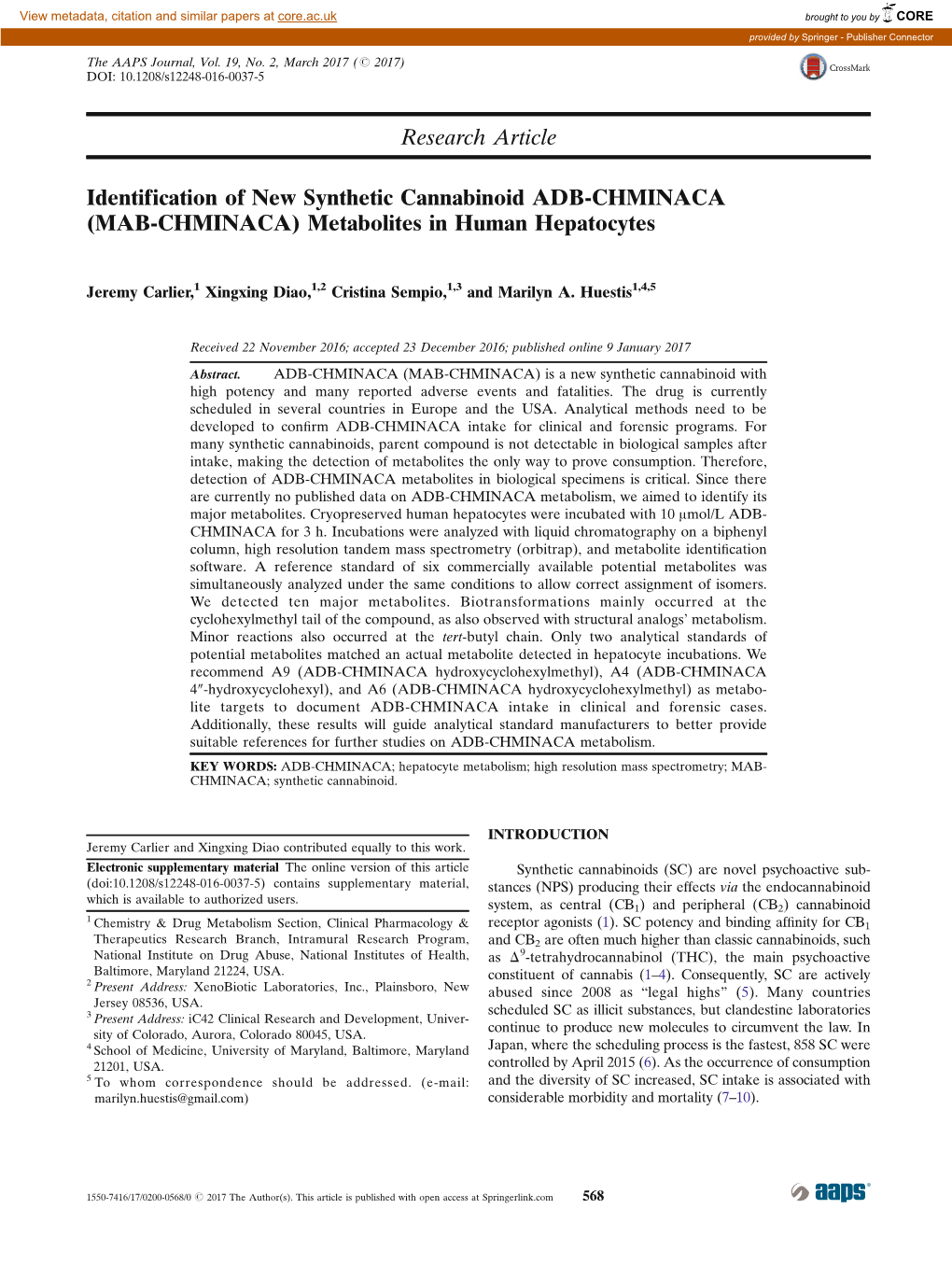 Identification of New Synthetic Cannabinoid ADB-CHMINACA (MAB-CHMINACA) Metabolites in Human Hepatocytes