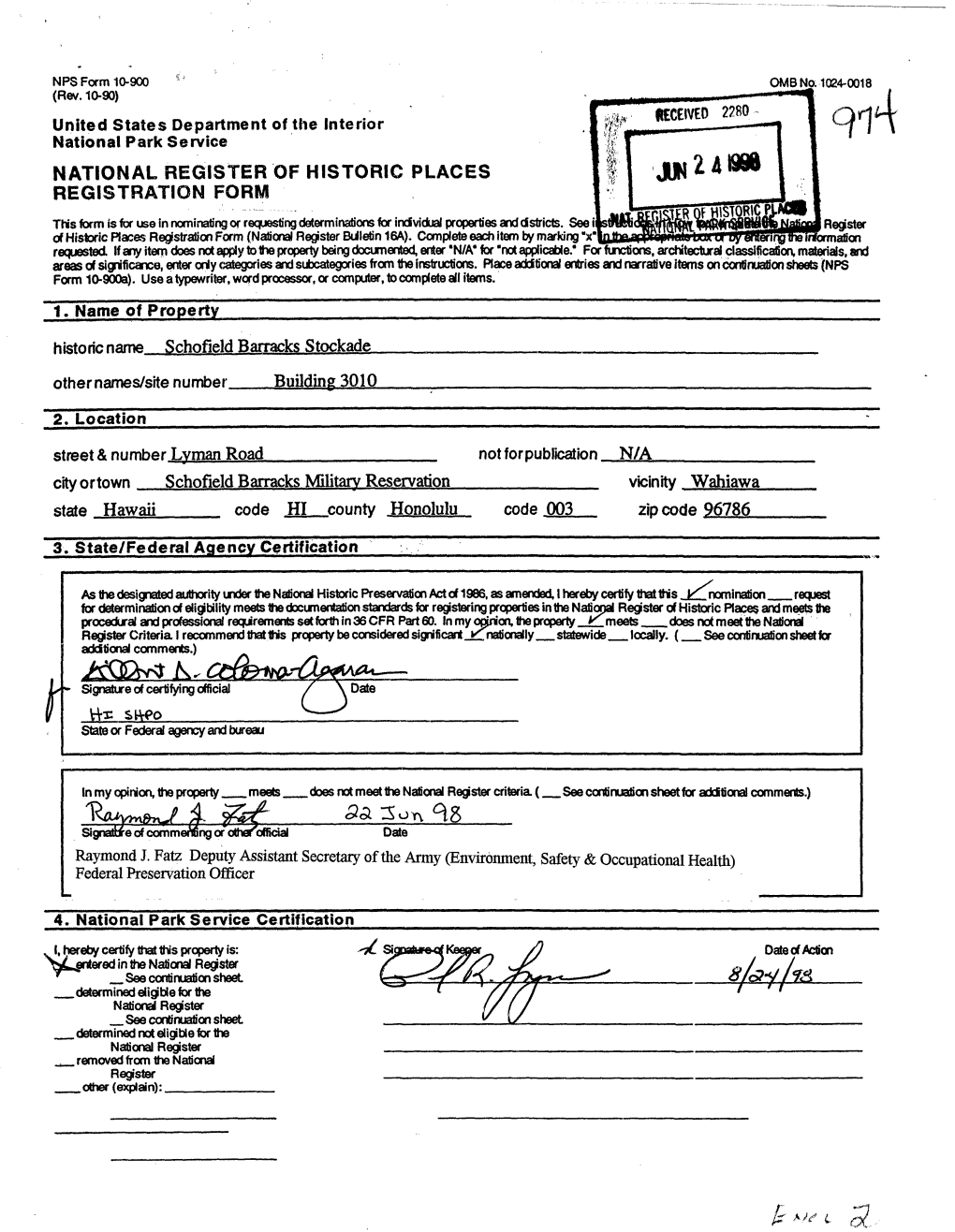 1. Name of Property______Historic Name Schofield Barracks Stockade______Other Names/Site Number Building 3010______