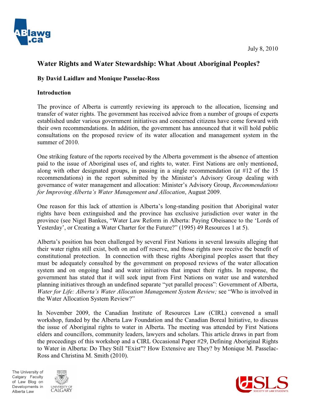 Water Rights and Water Stewardship: What About Aboriginal Peoples?