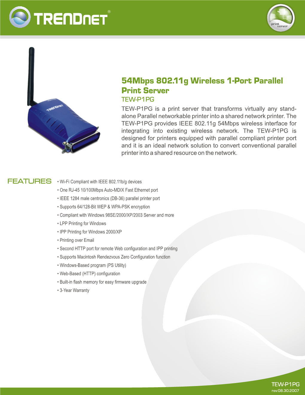 54Mbps 802.11G Wireless 1-Port Parallel Print Server