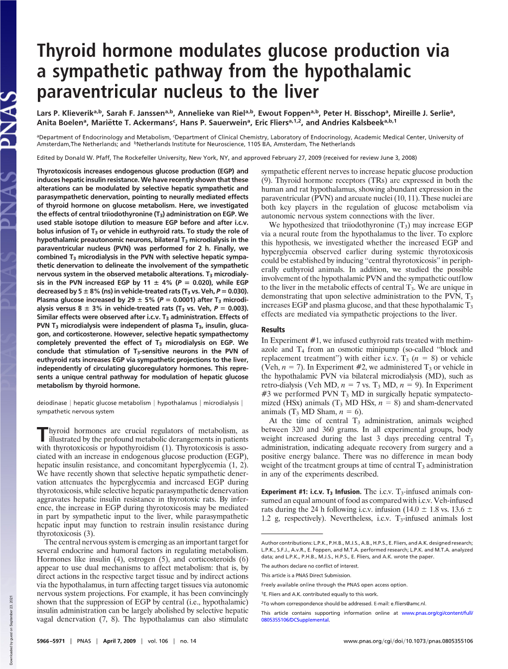 Thyroid Hormone Modulates Glucose Production Via a Sympathetic Pathway from the Hypothalamic Paraventricular Nucleus to the Liver