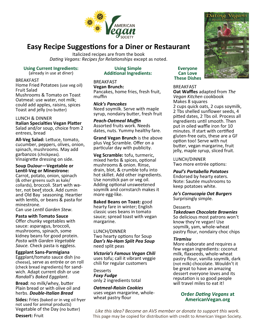 Easy Recipe Suggestions for a Diner Or Restaurant Italicized Recipes Are from the Book Dating Vegans: Recipes for Relationships Except As Noted