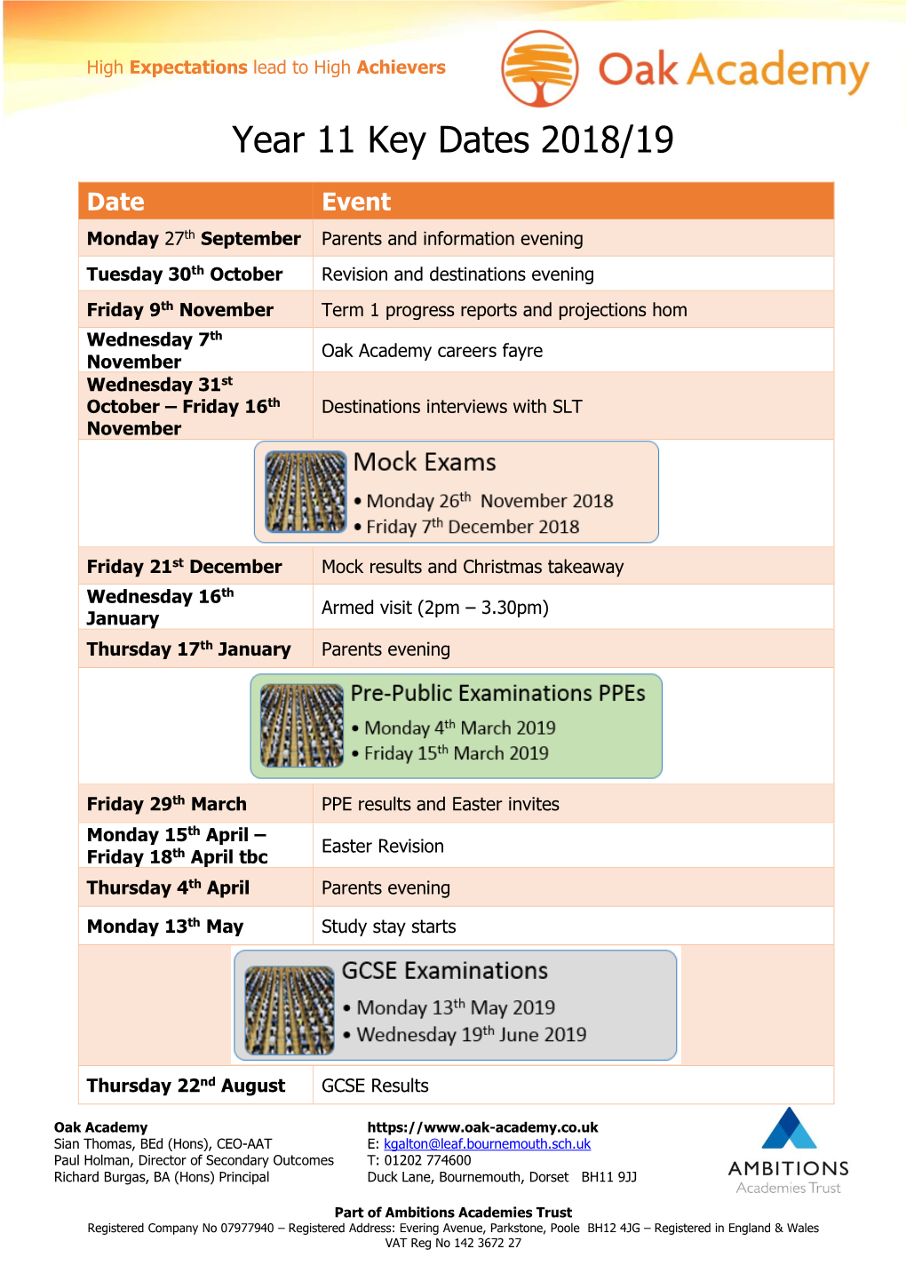 Year 11 Key Dates 2018/19