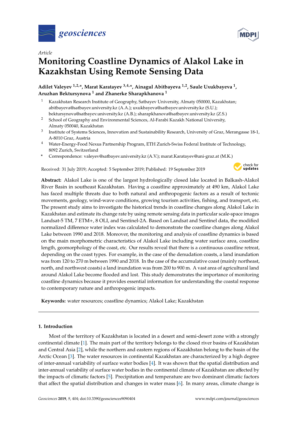 Monitoring Coastline Dynamics of Alakol Lake in Kazakhstan Using Remote Sensing Data