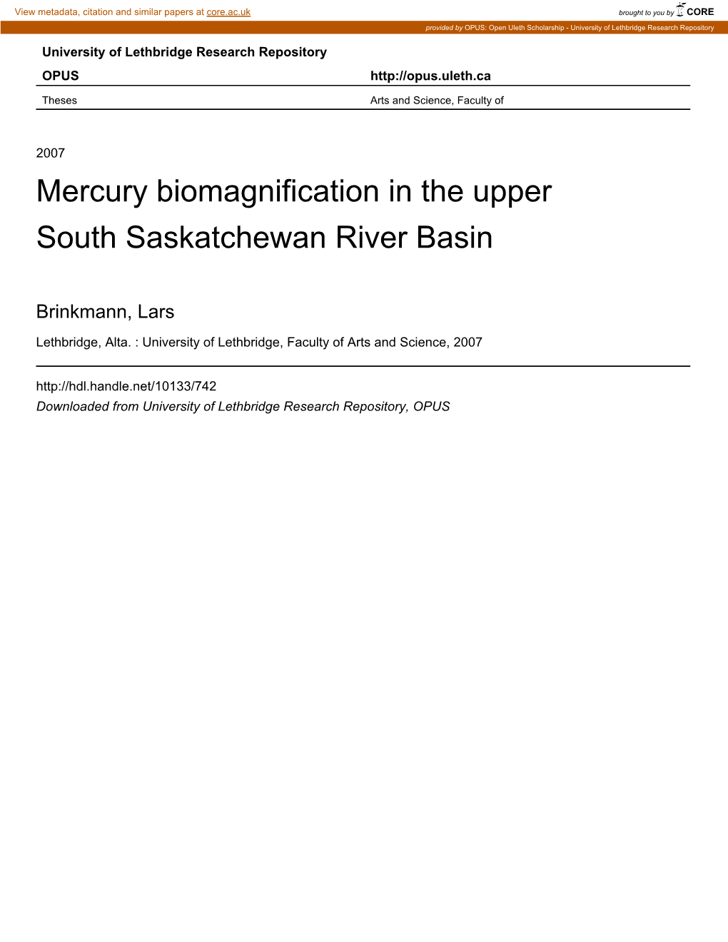 Mercury Biomagnification in the Upper South Saskatchewan River Basin