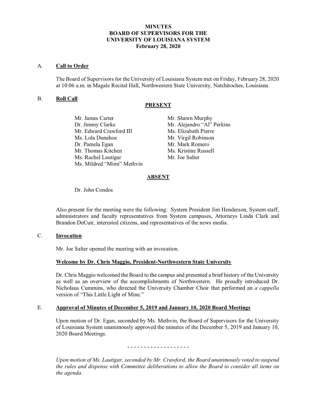 MINUTES BOARD of SUPERVISORS for the UNIVERSITY of LOUISIANA SYSTEM February 28, 2020