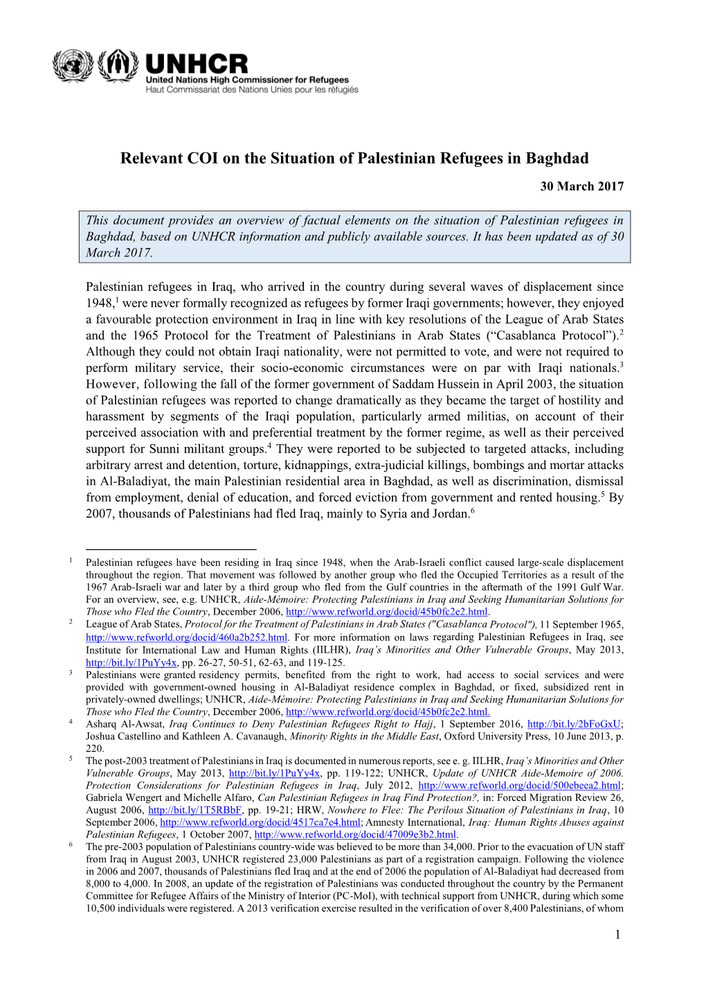 Relevant COI on the Situation of Palestinian Refugees in Baghdad