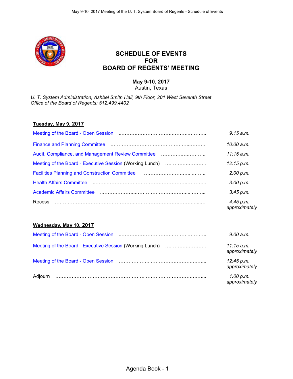 Schedule of Events for Board of Regents' Meeting