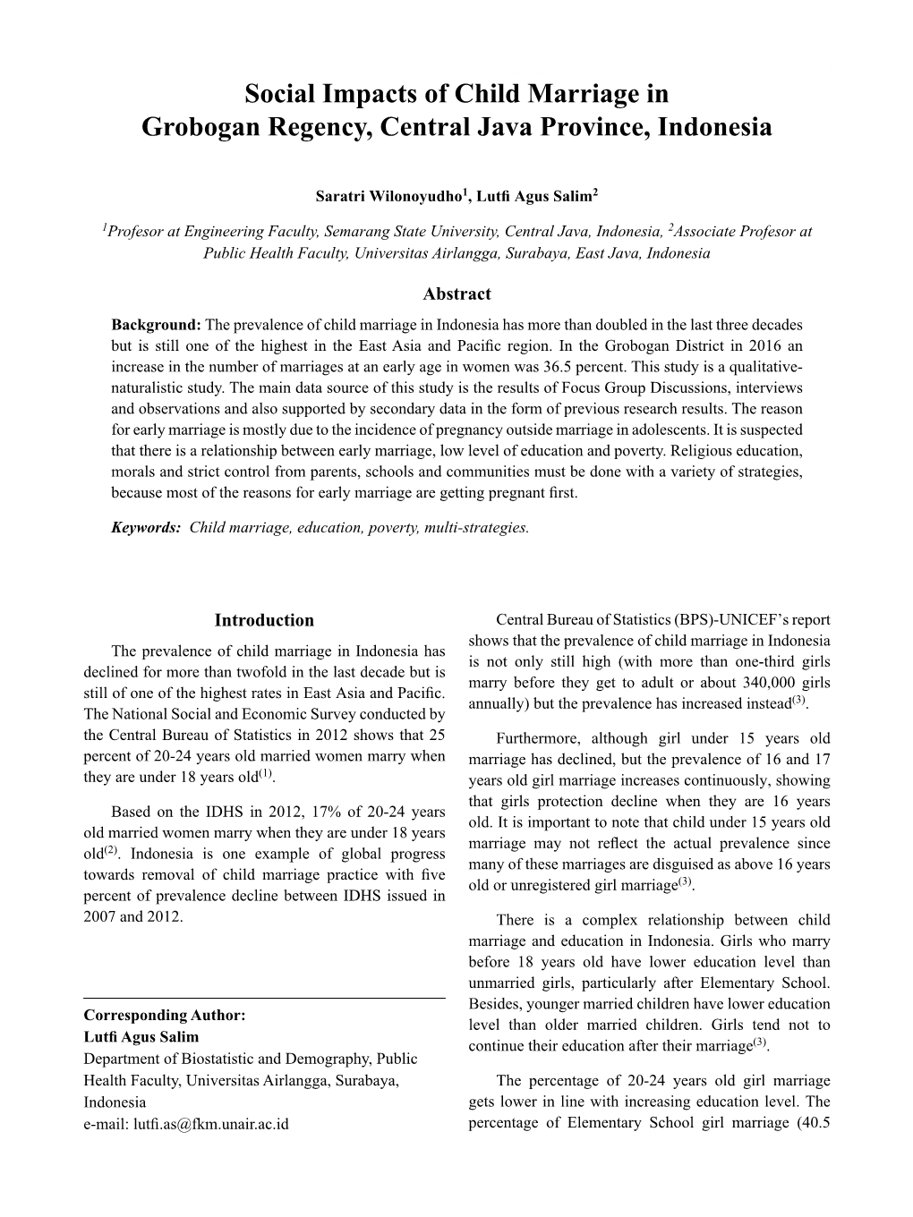 Social Impacts of Child Marriage in Grobogan Regency, Central Java Province, Indonesia