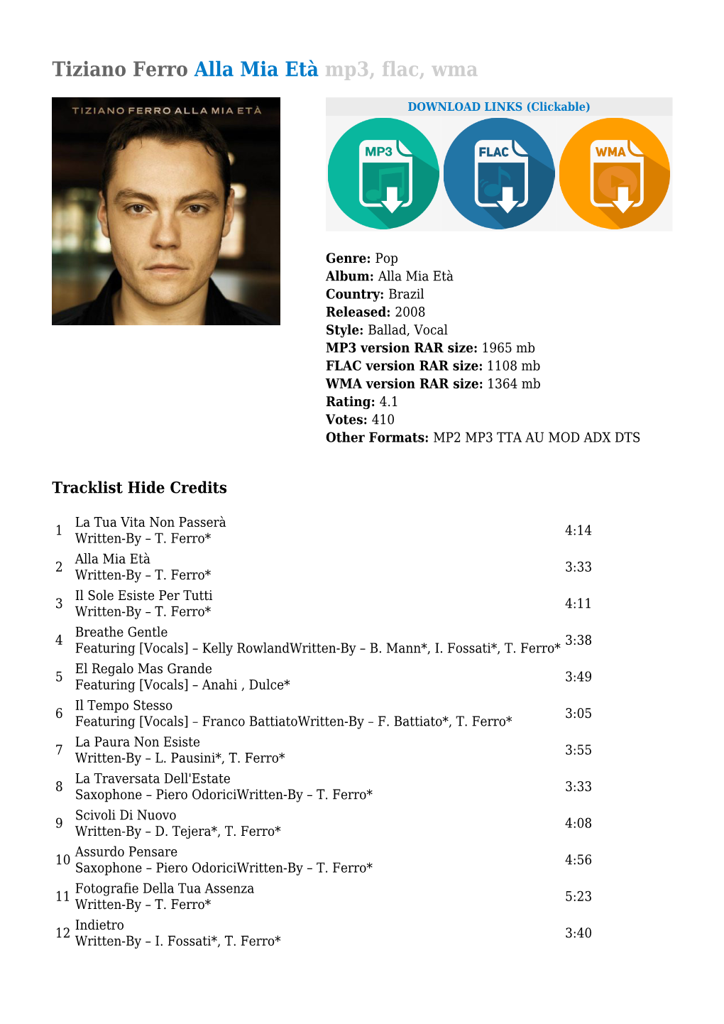 Tiziano Ferro Alla Mia Età Mp3, Flac, Wma