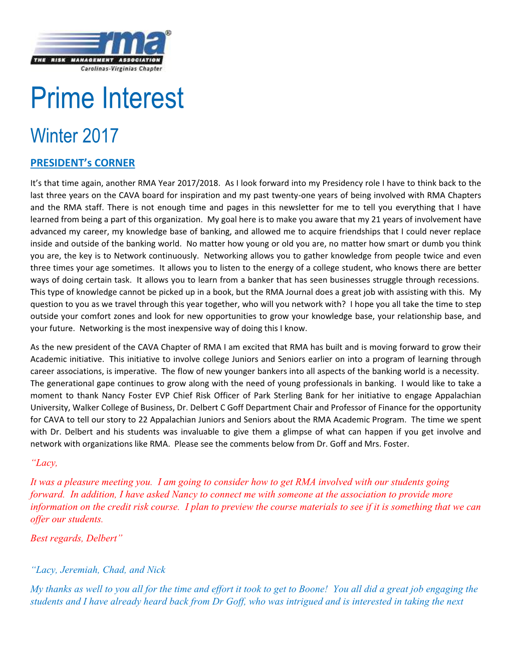 Prime Interest Winter 2017 PRESIDENT’S CORNER