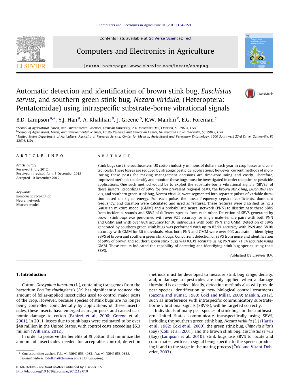 Automatic Detection and Identification of Brown Stink Bug