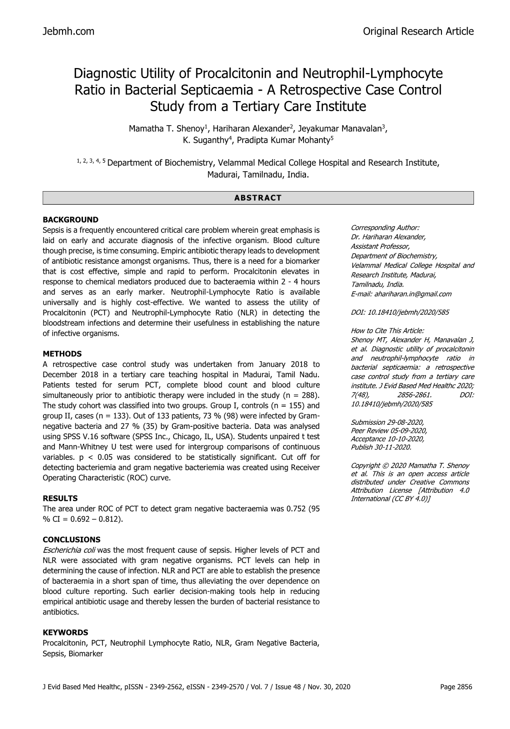 Diagnostic Utility of Procalcitonin and Neutrophil-Lymphocyte Ratio in Bacterial Septicaemia - a Retrospective Case Control Study from a Tertiary Care Institute