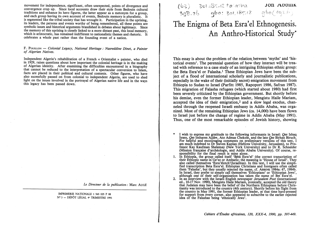 The Enigma of Beta Esra' El Ethnogenesis. . an Anthro