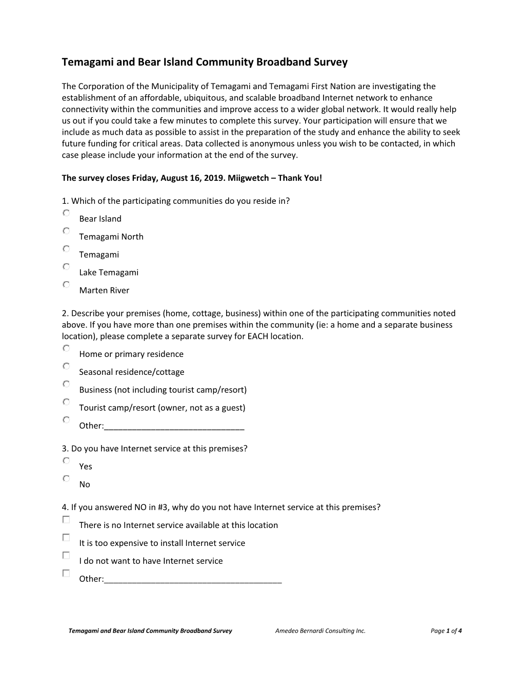 Temagami and Bear Island Community Broadband Survey