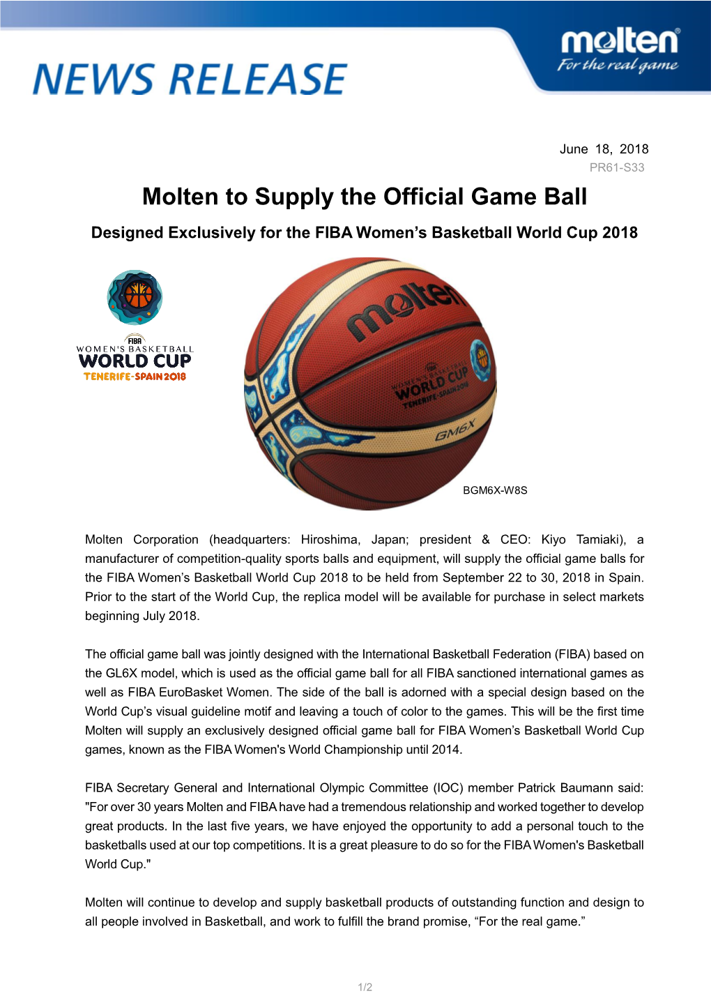 New Official Game Ball for the FIBA Women's Basketball World Cup