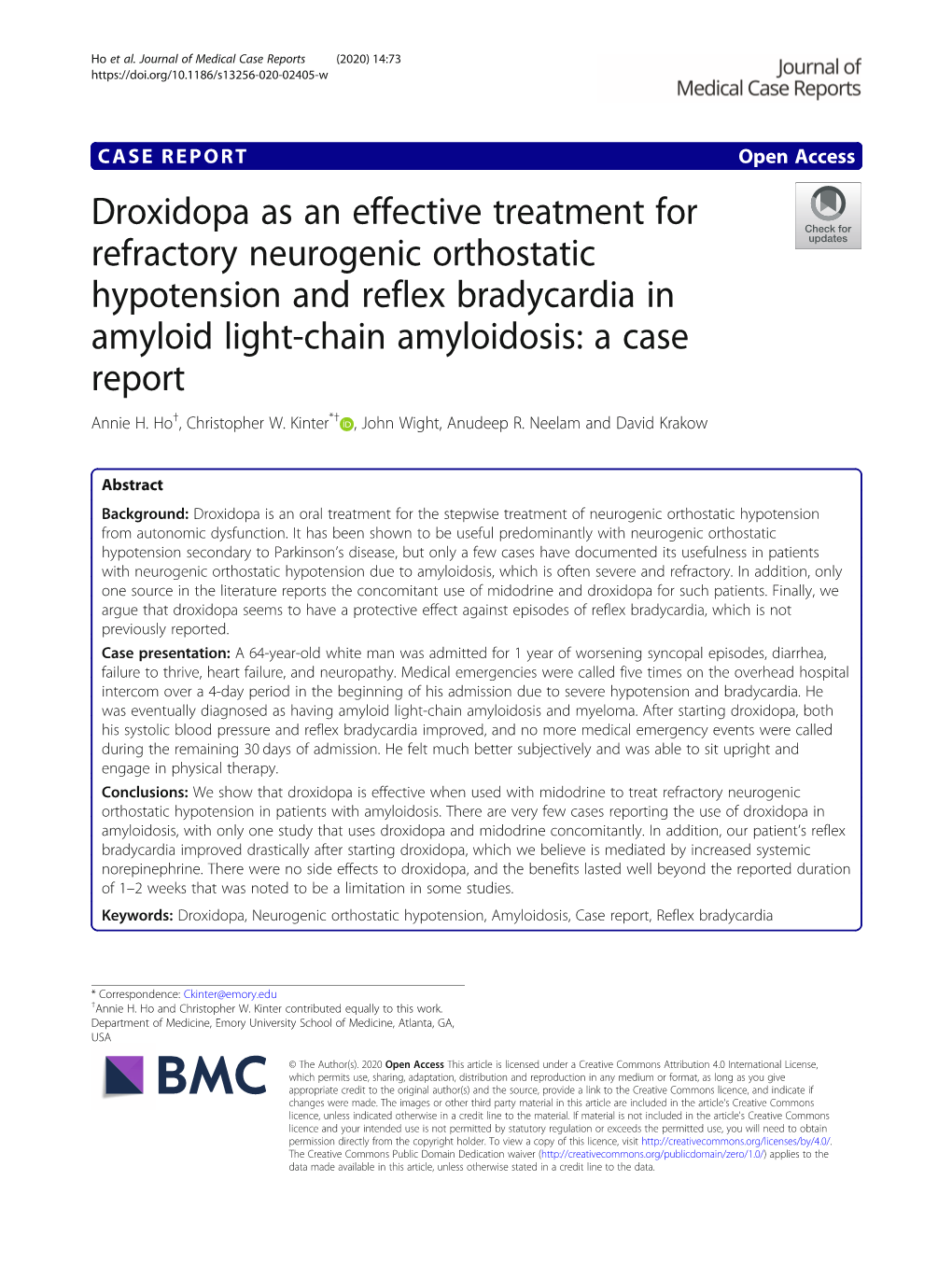 Droxidopa As an Effective Treatment for Refractory Neurogenic Orthostatic Hypotension and Reflex Bradycardia in Amyloid Light-Chain Amyloidosis: a Case Report Annie H