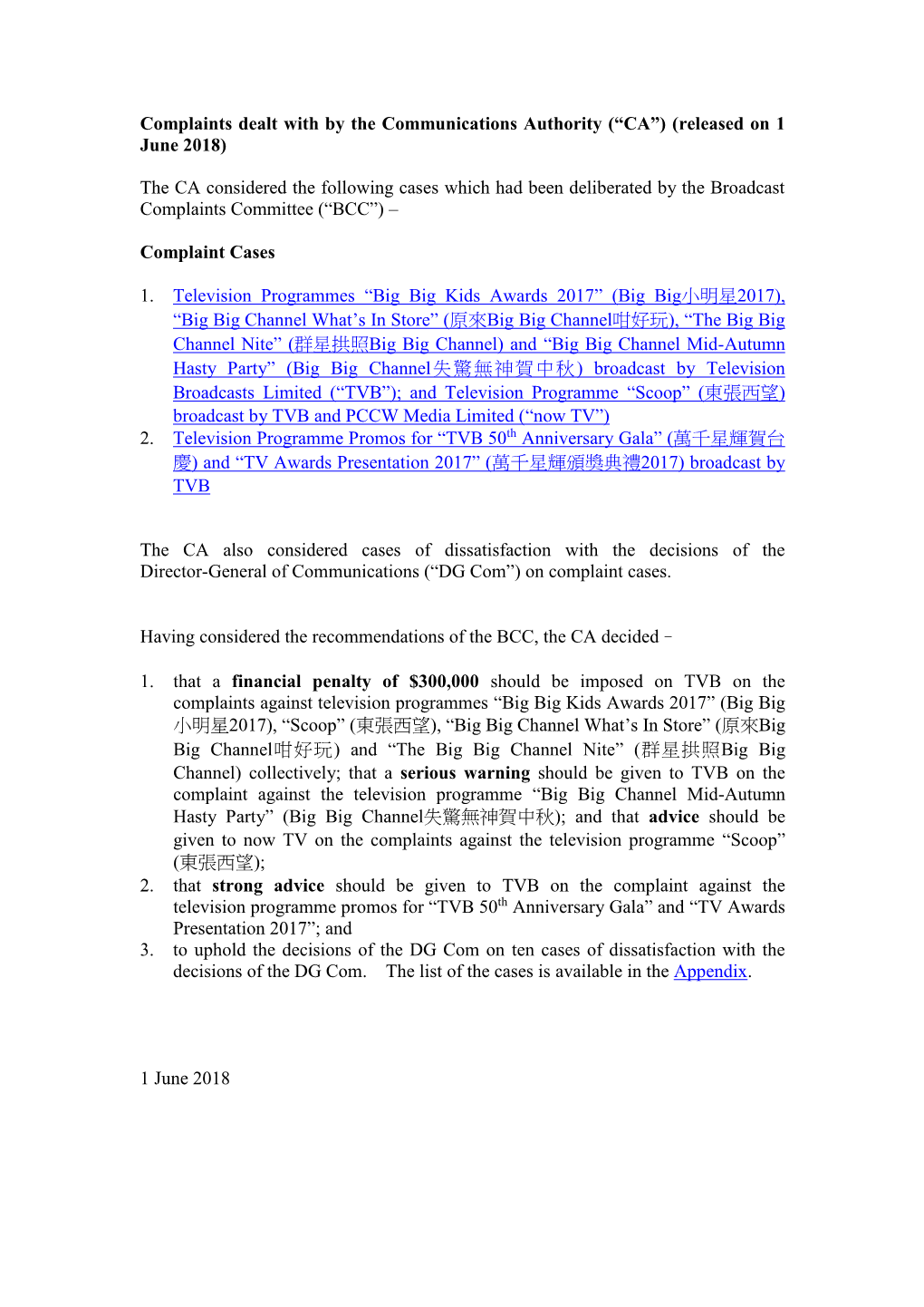 (Released on 1 June 2018) the CA Considered the Following Cases