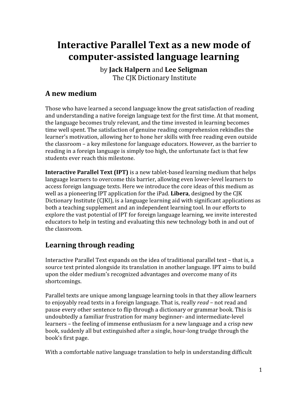 Interactive Parallel Text As a New Mode of Computer-Assisted Language Learning