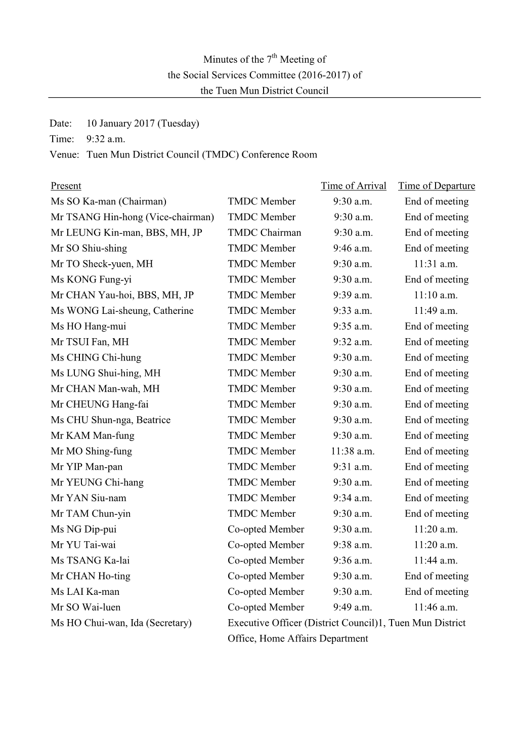 Minutes of the 7 Meeting of the Social Services Committee (2016-2017) of the Tuen Mun District Council Date: 10 January 2017