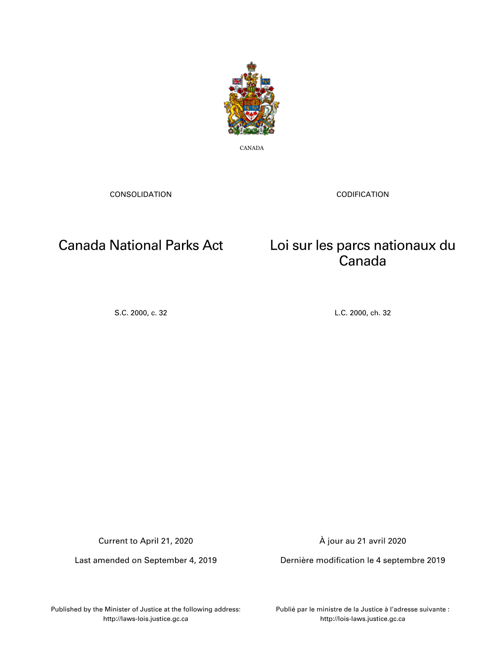 Canada National Parks Act Loi Sur Les Parcs Nationaux Du Canada