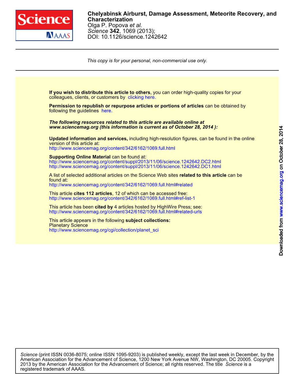 Chelyabinsk Airburst, Damage Assessment, Meteorite Recovery, and Characterization Olga P