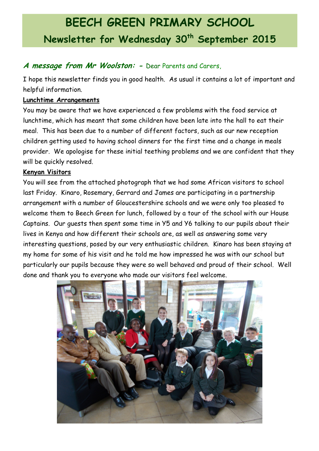 BEECH GREEN PRIMARY SCHOOL Newsletter for Wednesday 30 Th September 2015