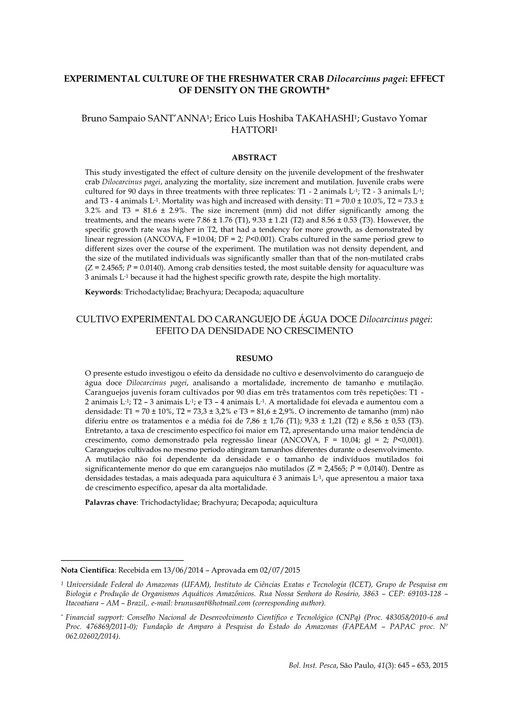 Effect of Density on the Juvenile Development of the Freshwater Crab